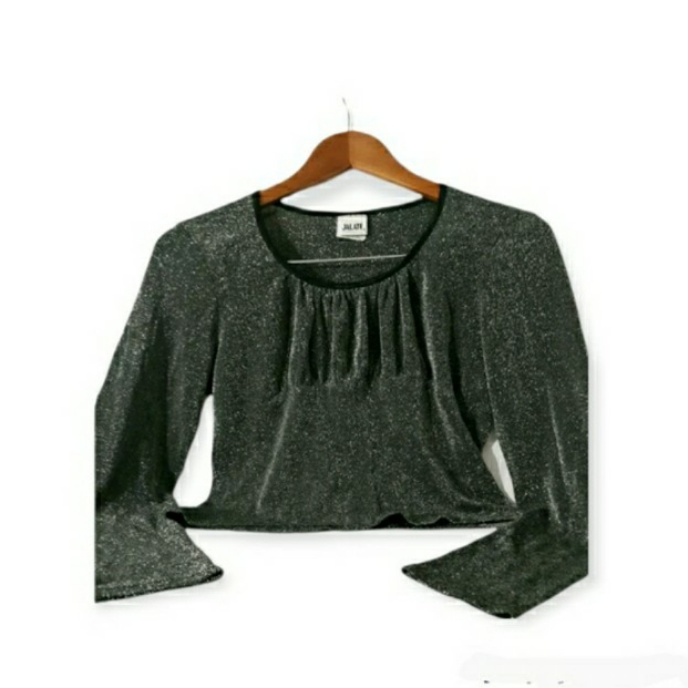 Womens sz Lg Black silver y2k jalate top sparkle party club  Cropped top shirt